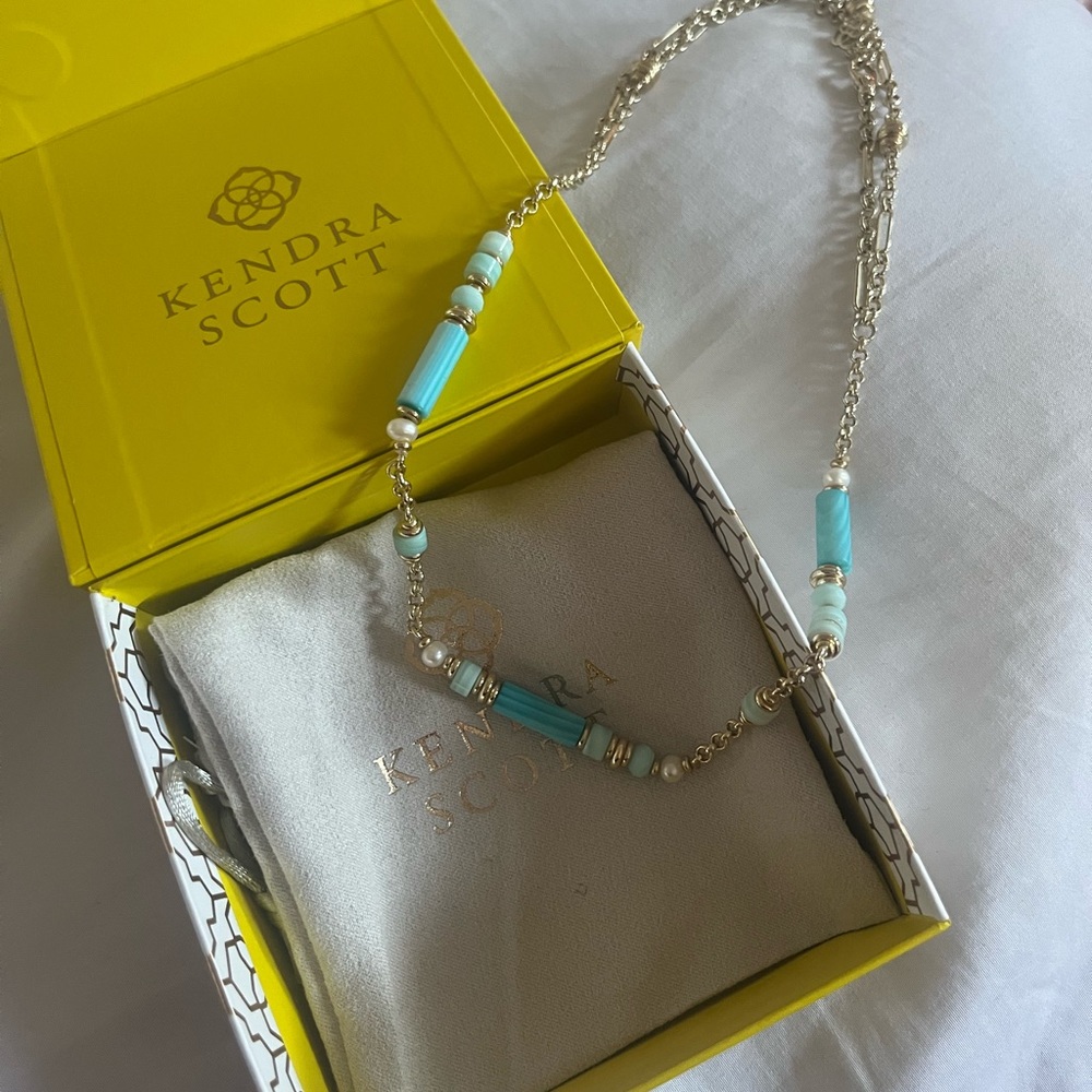 Kendra Scott Necklace Blue Stone Pearl Gold Two Strand